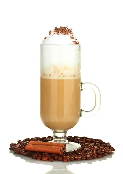 Glass of coffee cocktail with coffee beans and cinnamon isolated on white — Stock Photo, Image