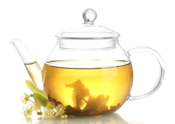 Teapot of linden tea and flowers isolated on white — Stock Photo, Image