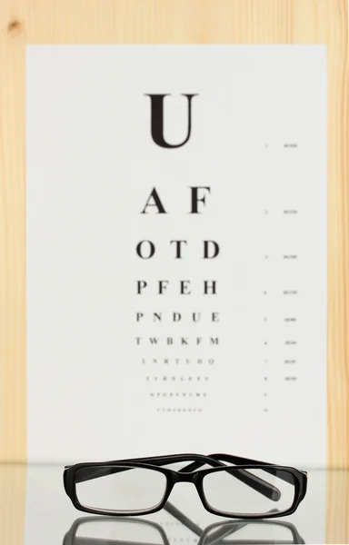 Görme testi grafik gözlük yakın çekim ile — Stok fotoğraf