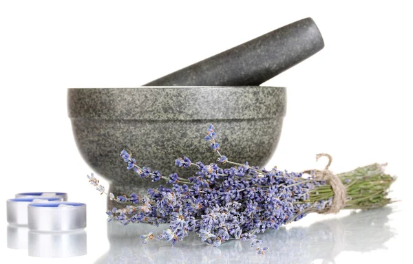 Lavender flowers with mortar and candles isolated on white — Stock Photo, Image