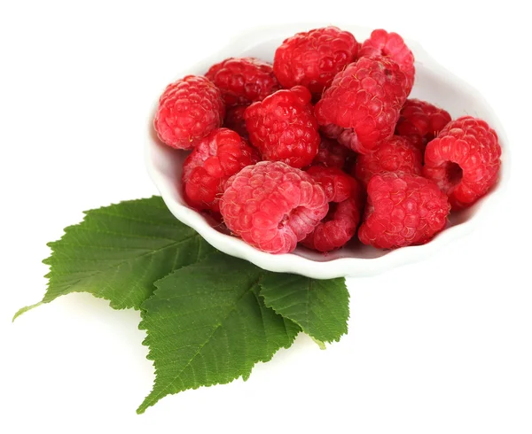 Fresh raspberries in white saucer isolated on white — Stock Photo, Image