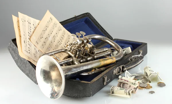 Musikinstrument med pengar på grå bakgrund — Stockfoto