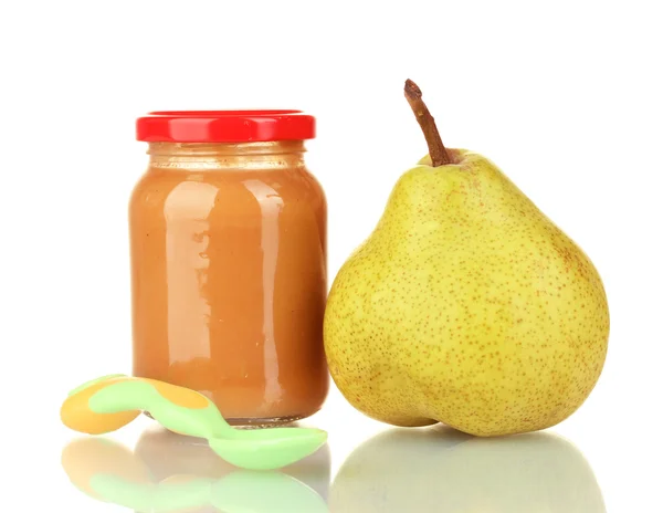 Jars with fruit baby food and pear isolated on white — Stock Photo, Image