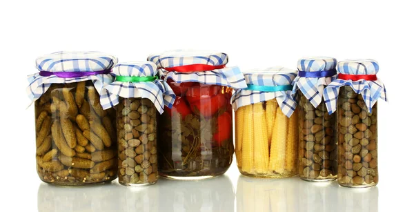 Jars canned vegetables isolated on white — Stock Photo, Image