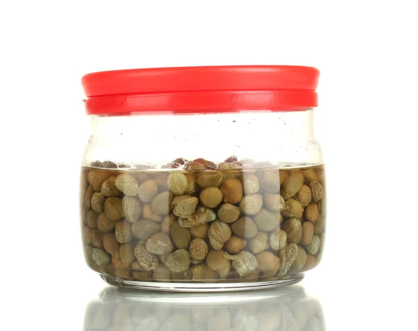 Glass jar with capers isolated on white — Stock Photo, Image