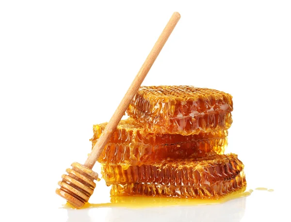 Favo de mel doce e drizzler de madeira, isolado em branco — Fotografia de Stock