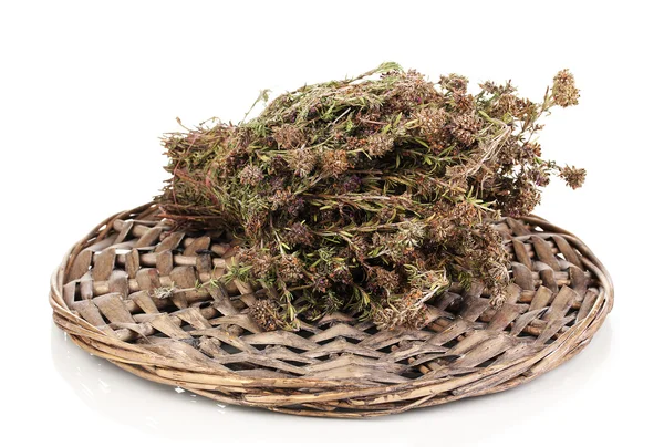 Thyme herb on wicker mat isolated on white — Stock Photo, Image