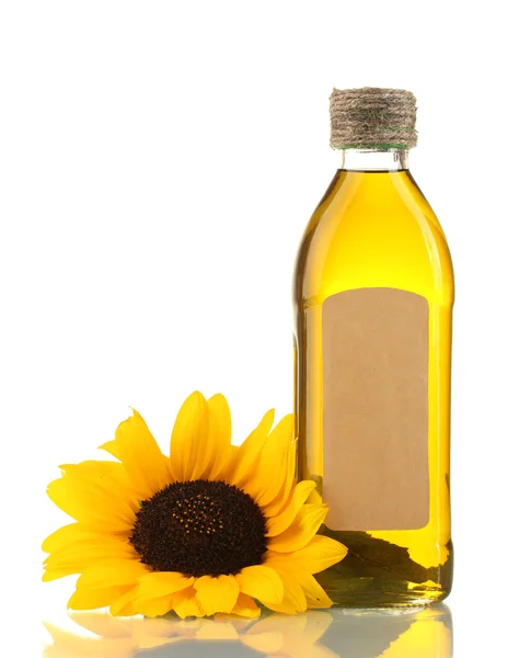 Öl in Flasche und Sonnenblume, isoliert auf weiß — Stockfoto