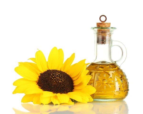 Oil in bottle and sunflower, isolated on white — Stock Photo, Image