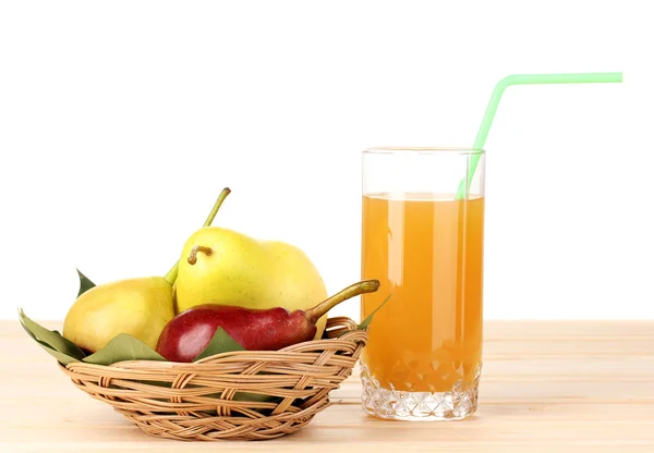 Pear juice with pears on wooden table on white background — Stock Photo, Image