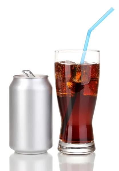 Open aluminum can and glass of cola isolated on white — Stock Photo, Image
