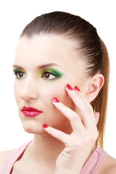 Retrato de mujer joven sexy con glamour maquillaje y manicura roja —  Fotos de Stock