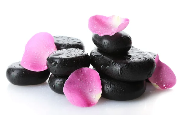 Piedras de spa con gotas y pétalos de rosa aislados en blanco —  Fotos de Stock