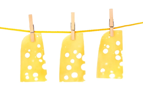 Cheese on rope isolated on white — Stock Photo, Image