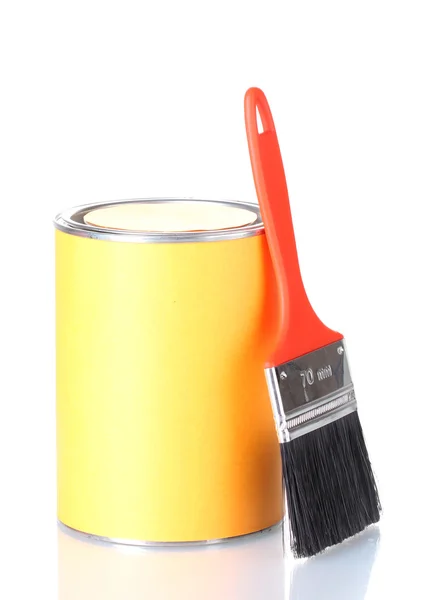 Can of paint with paintbrush isolated on white close-up — Stock Photo, Image