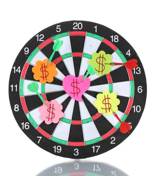 Darts with stickers depicting the life values isolated on white. The darts hit the target. — Stock Photo, Image