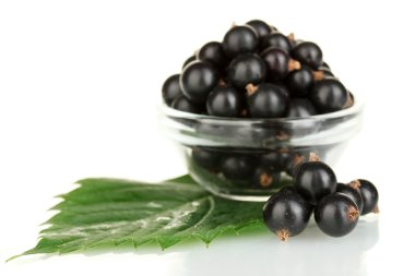 Fresh black currant in transparent bowl isolated on white