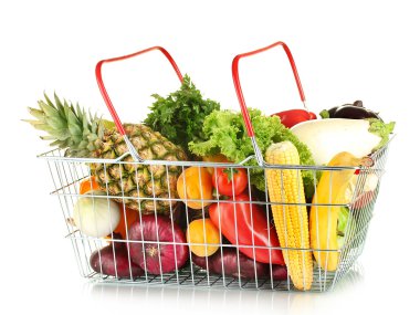 Fresh vegetables and fruit in metal basket isolated on white background clipart