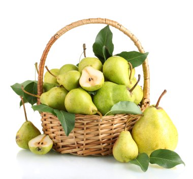 Juicy flavorful pears in basket isolated on white clipart