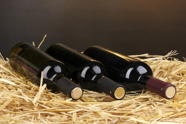 Bottles of great wine on hay on brown background — Stock Photo, Image
