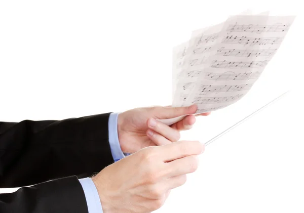 Musik ledare händer med stafettpinnen och anteckningar isolerad på vit — Stockfoto