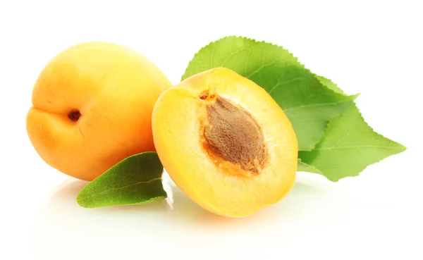 Стиглі солодкі абрикоси з зеленим листям ізольовані на білому — стокове фото