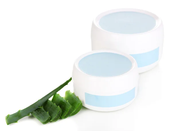 Jars of cream with aloe vera isolated on white — Stock Photo, Image