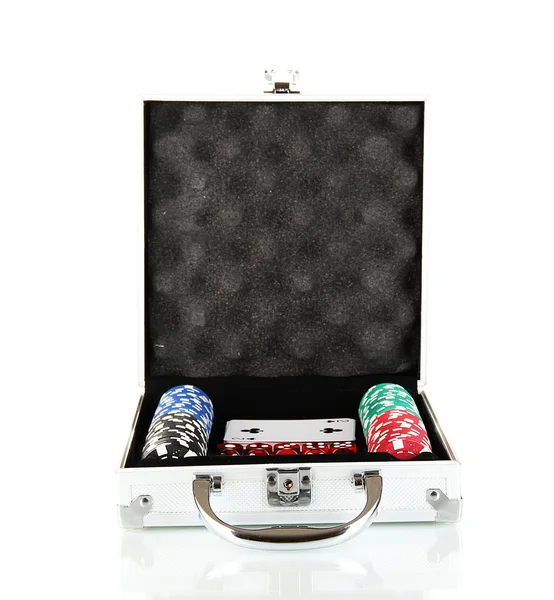 Poker impostato in caso metallico isolato su sfondo bianco — Foto Stock