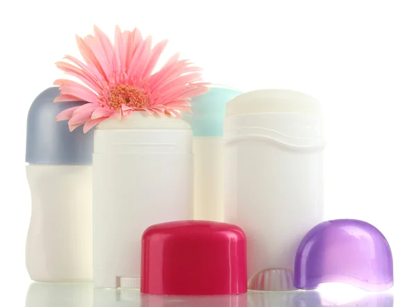 Deodorant en bloem geïsoleerd op wit — Stockfoto