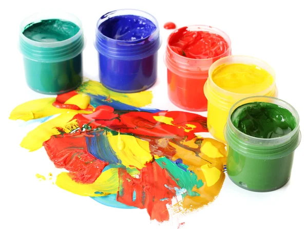 Abstract gouache paint and paint cans isolated on white — Stock Photo, Image