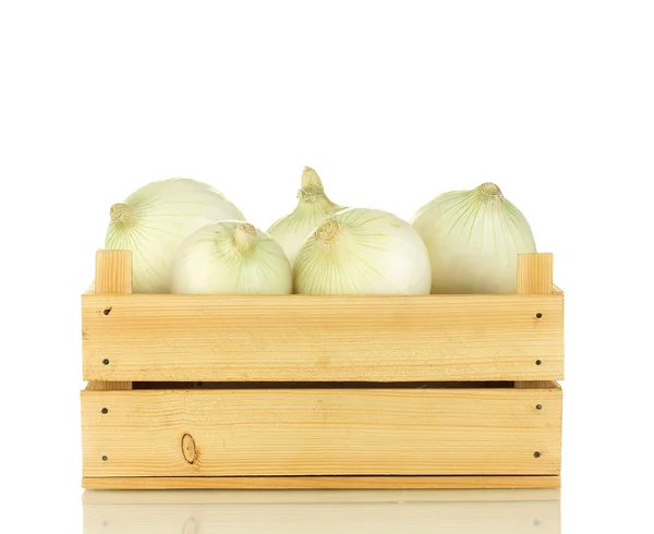 Cebolla blanca en caja de madera aislada sobre fondo blanco — Foto de Stock