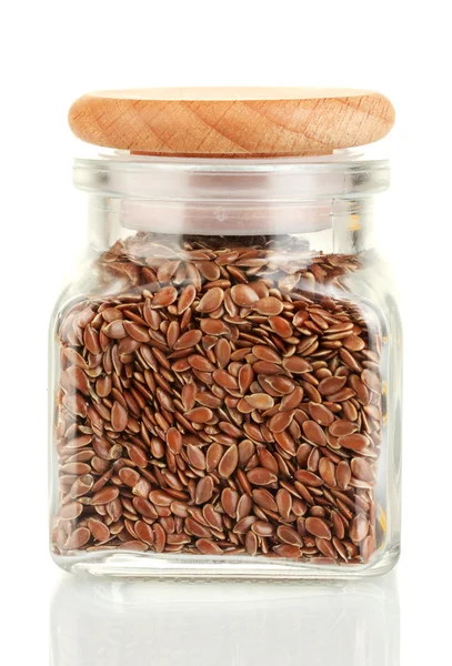 Flax seeds in glass jar isolated on white — Stock Photo, Image