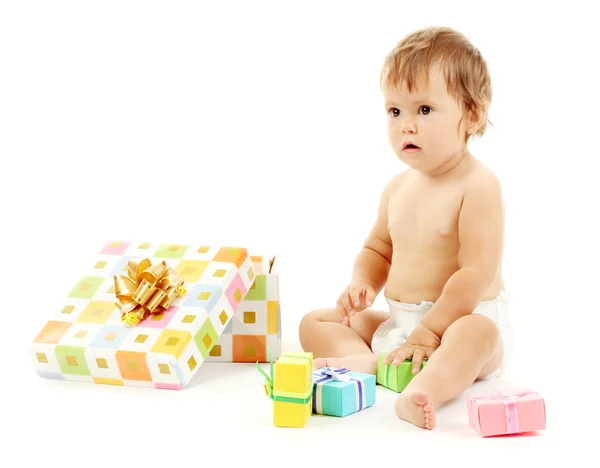 Cute baby and gift box isolated on white — Stock Photo, Image