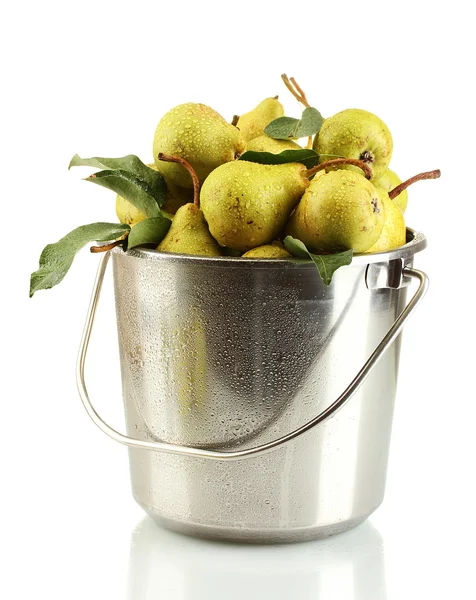Juicy flavorful pears in pail isolated on white — Stock Photo, Image