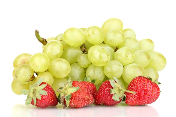 stock image Ripe sweet grapes and strawberries isolated on white