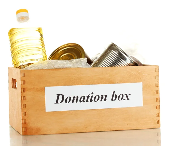 Коробка для пожертвований с едой, изолированной на белом — стоковое фото