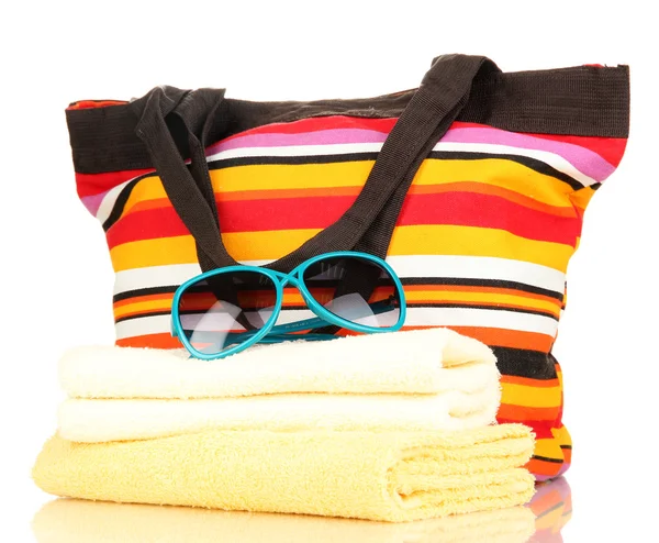 Beach bag with accessories isolated on white — Stock Photo, Image