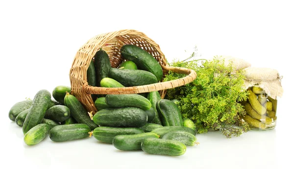Fresh cucumbers, pickles and dill in basket isolated on white — Stock Photo, Image