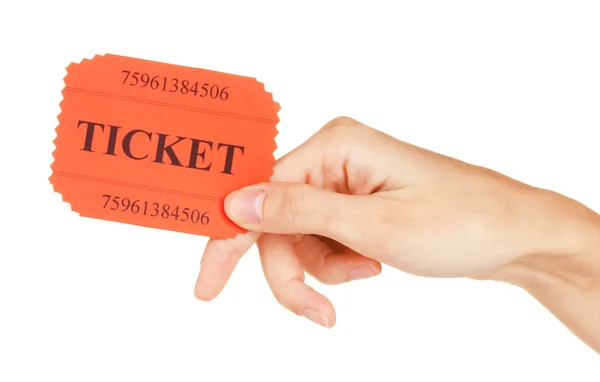 Die Hand einer Frau hält ein buntes Ticket auf weißem Hintergrund in Großaufnahme — Stockfoto