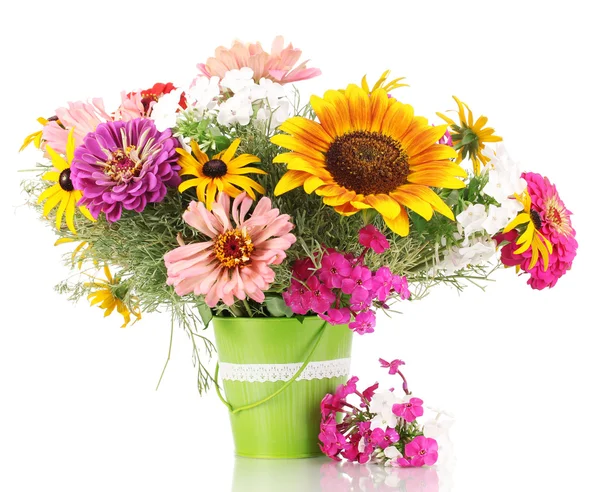 Beautiful bouquet of bright flowers in pail isolated on white — Stock Photo, Image