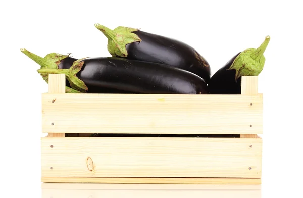 Fresh eggplants in crate isolated on white — Stock Photo, Image