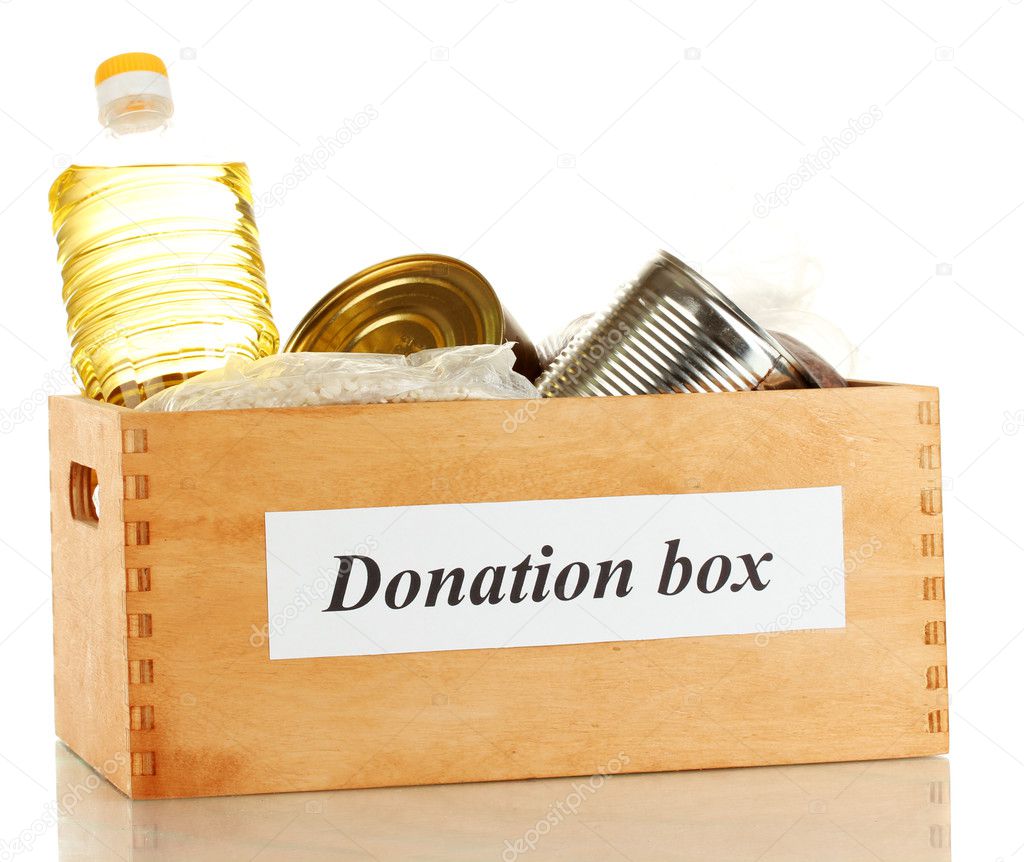 Donation box with food isolated on white