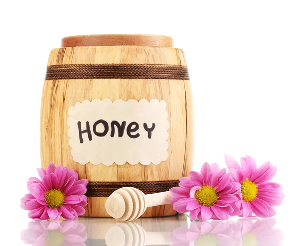 Sweet honey in barrel with drizzler isolated on white — Stock Photo, Image