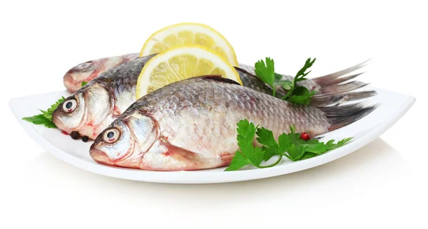 Verse vissen met citroen en peterselie op plaat geïsoleerd op wit — Stockfoto