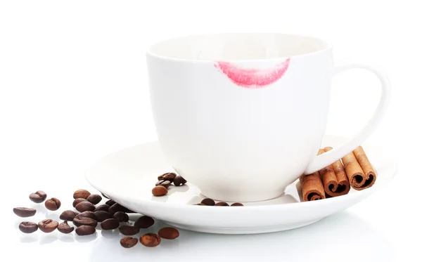 Cup of coffee with lipstick mark beans and cinnamon sticks isolated on white — Stock Photo, Image