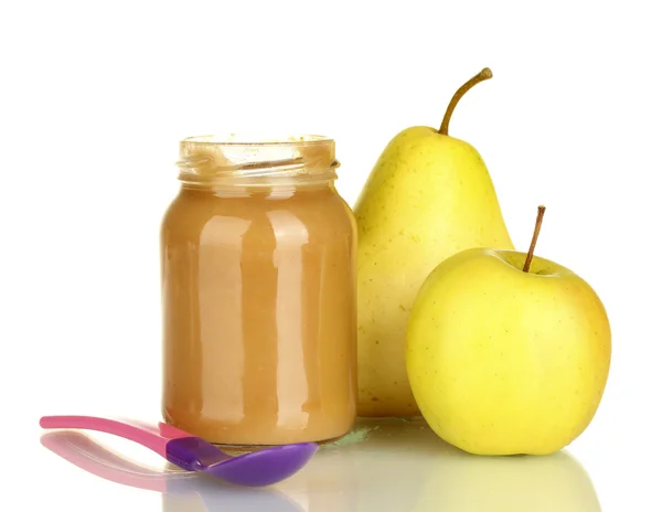Βάζο με φρούτα παιδικές τροφές και το κουτάλι που απομονώνονται σε λευκό — Φωτογραφία Αρχείου