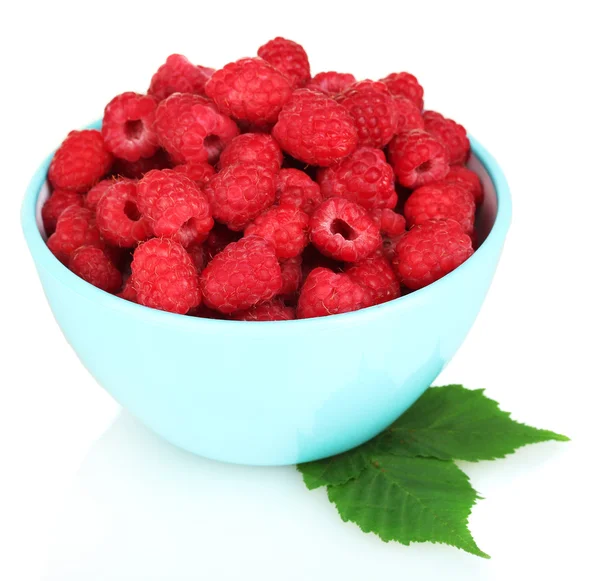 Fresh raspberries in colorful bowl isolated on white — Stock Photo, Image