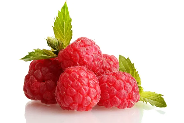 Ripe raspberries with mint isolated on white — Stock Photo, Image