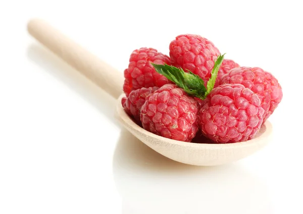 stock image Ripe raspberries with mint in wooden spoon isolated on white