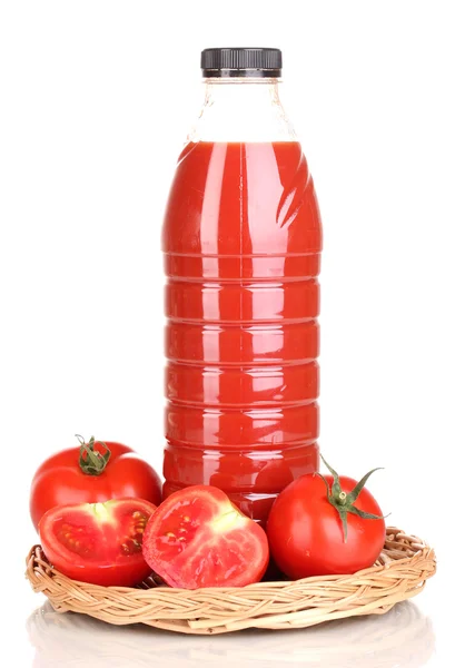 Tomato juice in bottle on wicker mat isolated on white — Stock Photo, Image